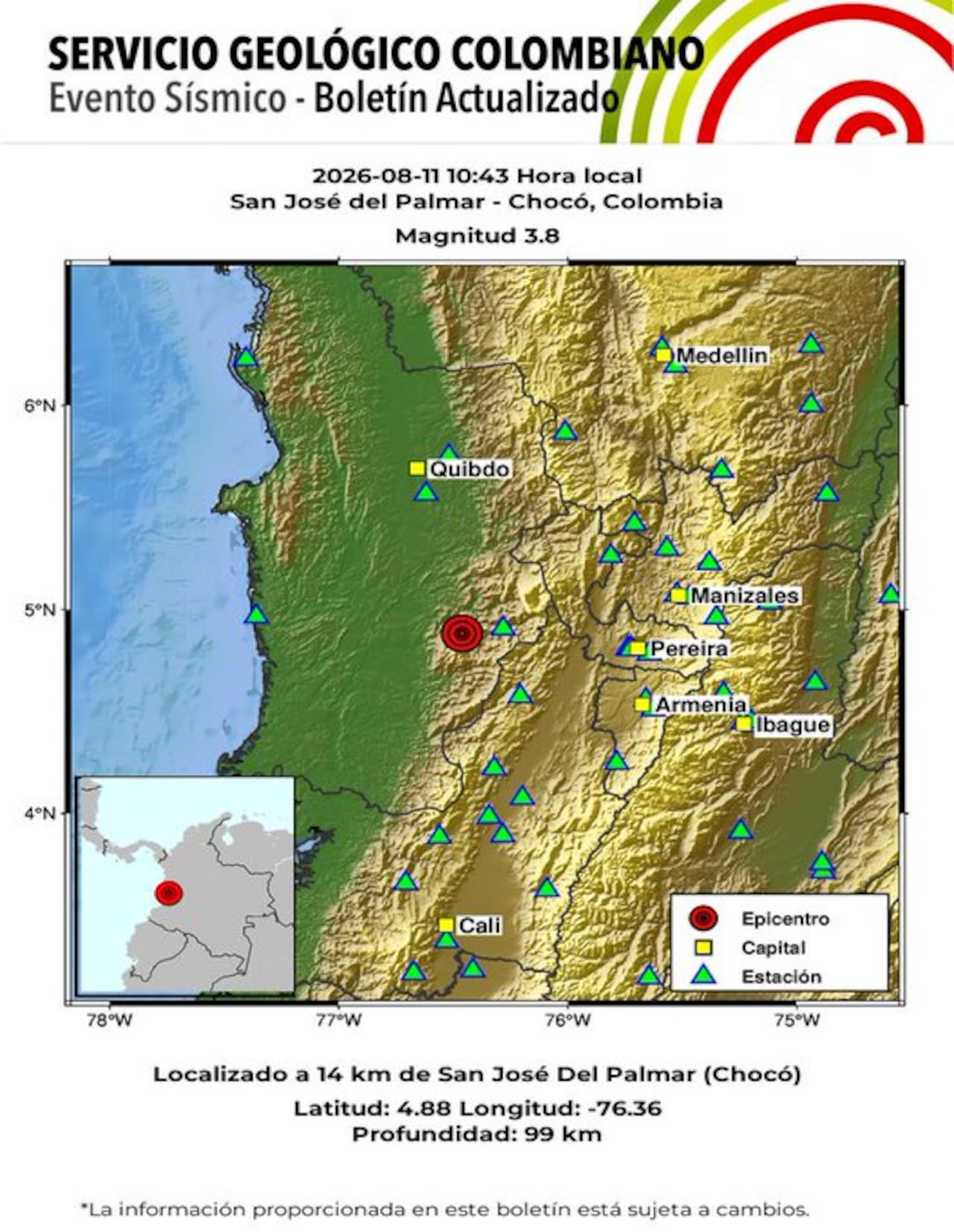 Sismo a las 10:43, hora de magnitud 3.8, profundidad 99 km, San José del Palmar - Chocó, Colombia.