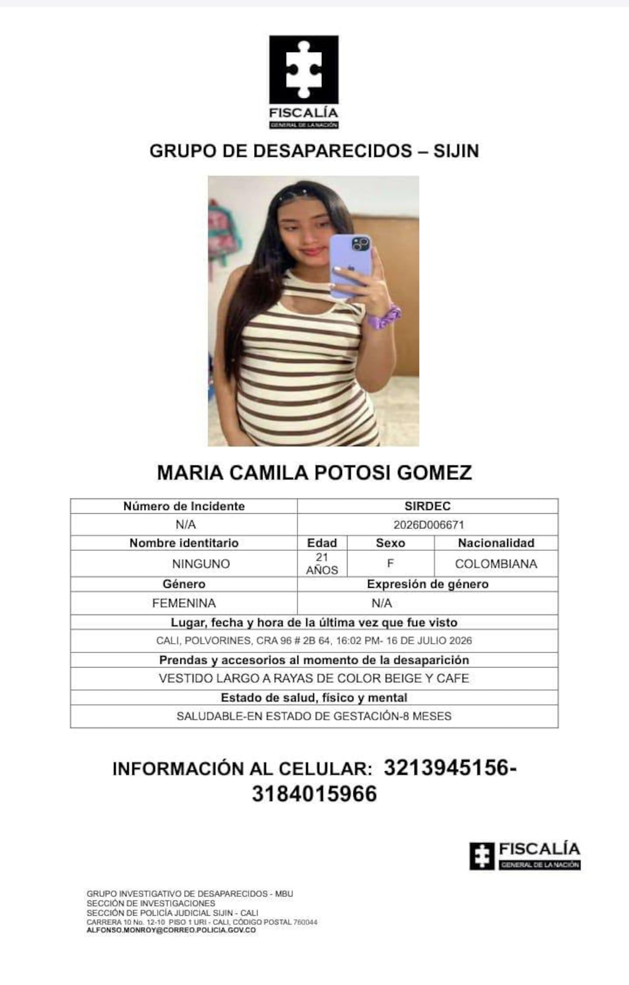 La joven fue vista por última vez en el sector de Polvorines, en el sur de Cali.