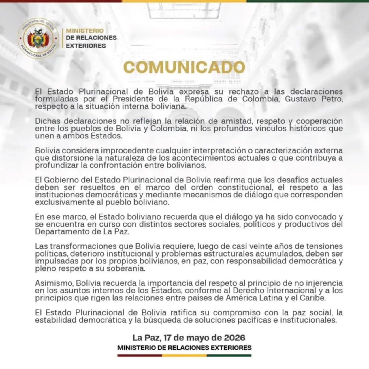 Comunicado oficial del Gobierno boliviano rechazando las declaraciones de Gustavo Petro.