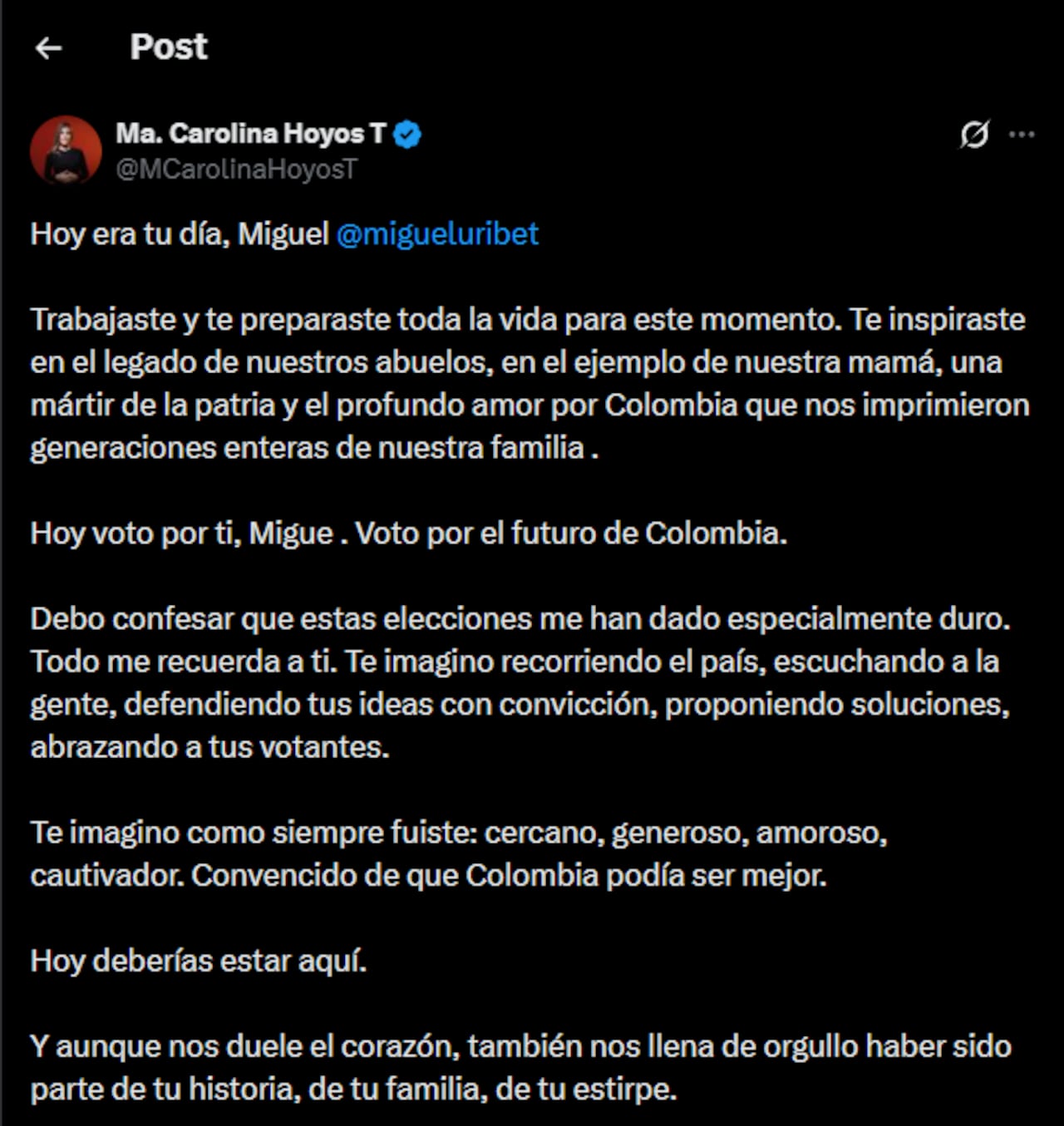 Mensaje dedicado a Miguel Uribe Turbay.