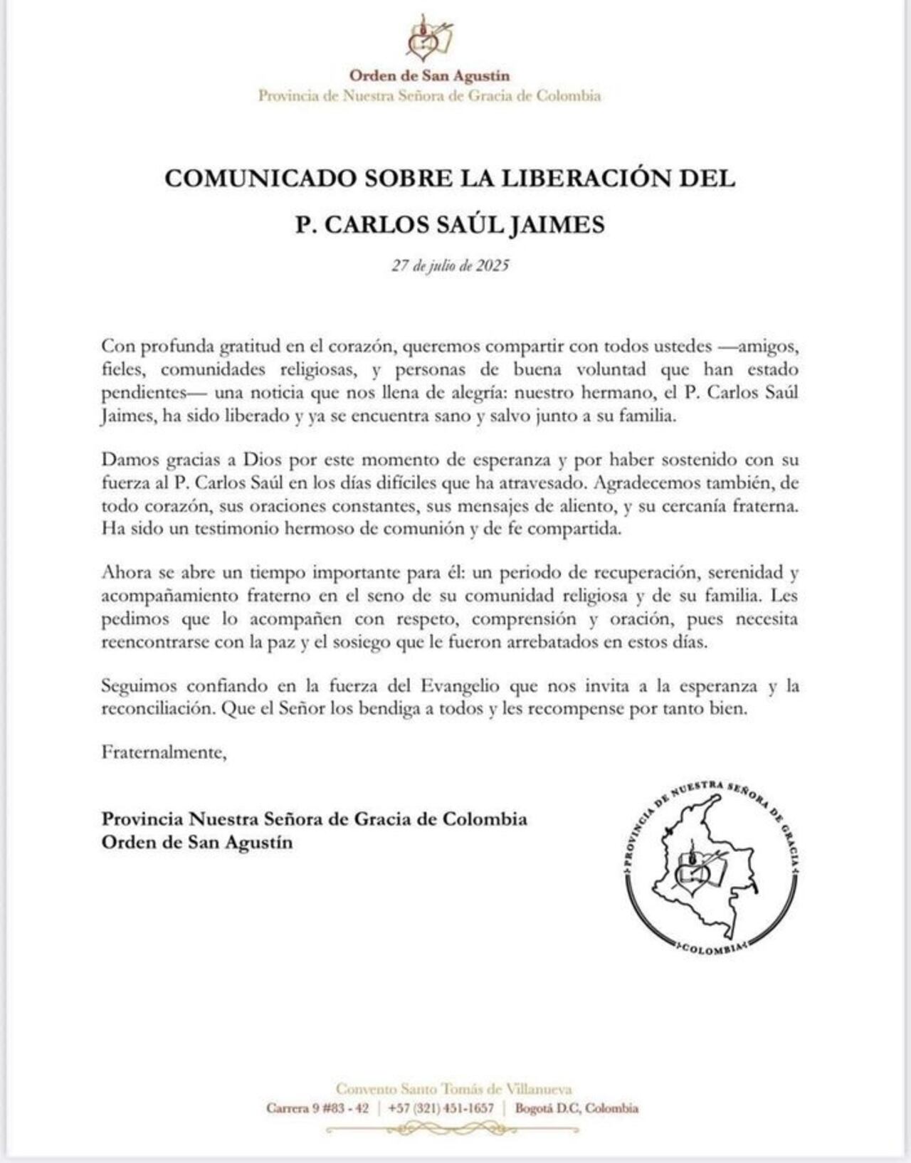 Sacerdote nortesantandereano Carlos Saúl Jaimes fue liberado