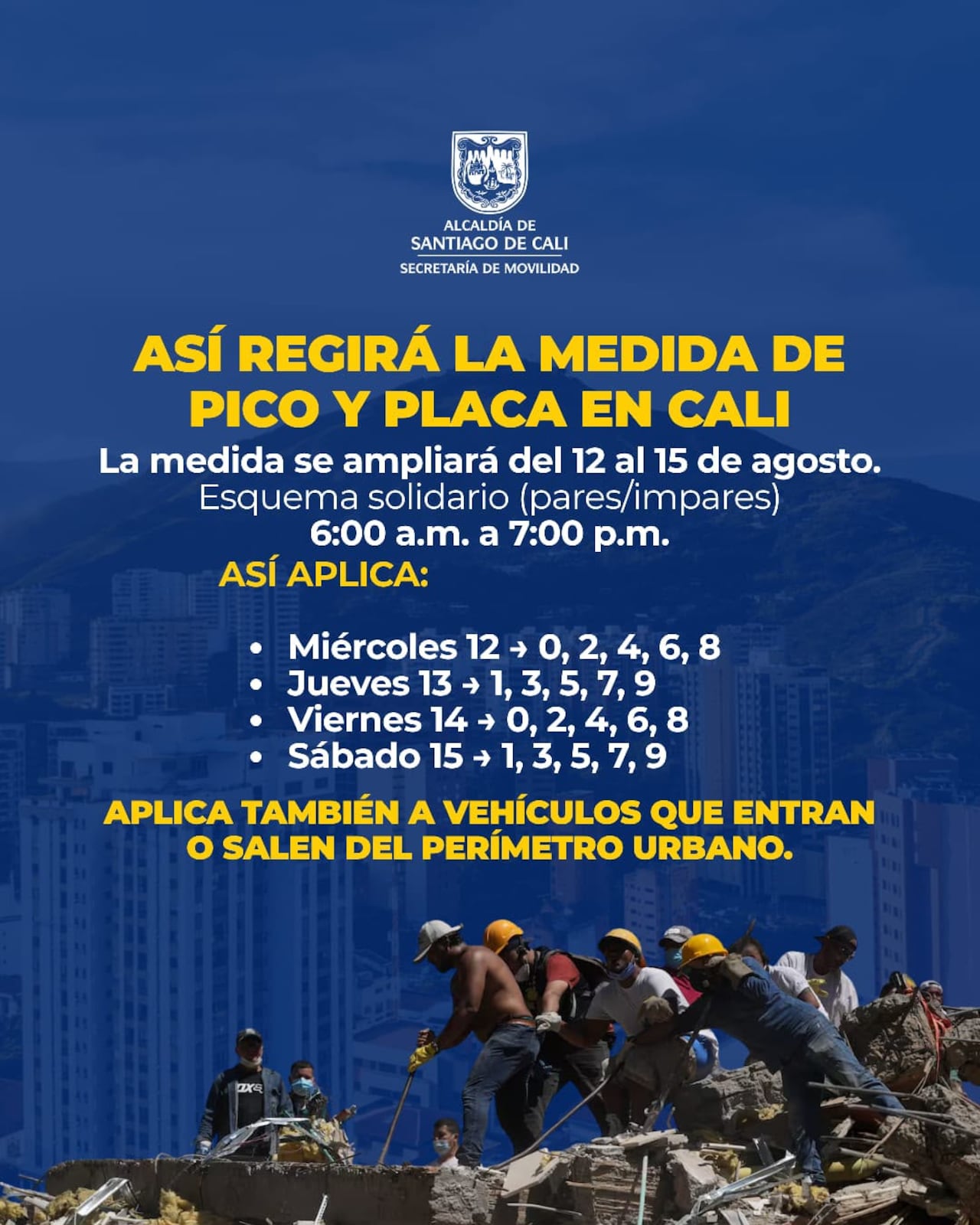 Este será el esquema de pico y placa que se aplicará en los próximos días en la ciudad.