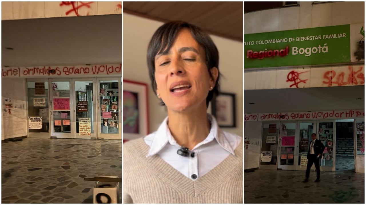 Susana Muhamad, en el centro de la foto. Al costado, las instalaciones del ICBF tras las protestas en las que ella participó, en Bogotá