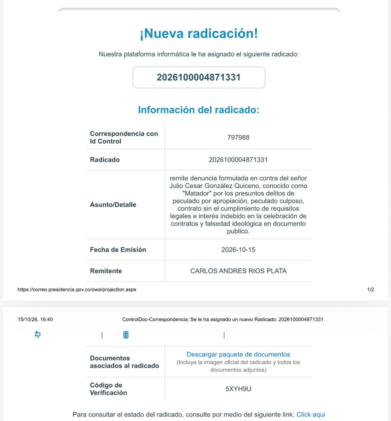 El pedido de la denuncia es investigar la posible comisión de cinco conductas penales en el contrato firmado entre el gobierno de Gustavo Petro y el caricaturista Matador.
