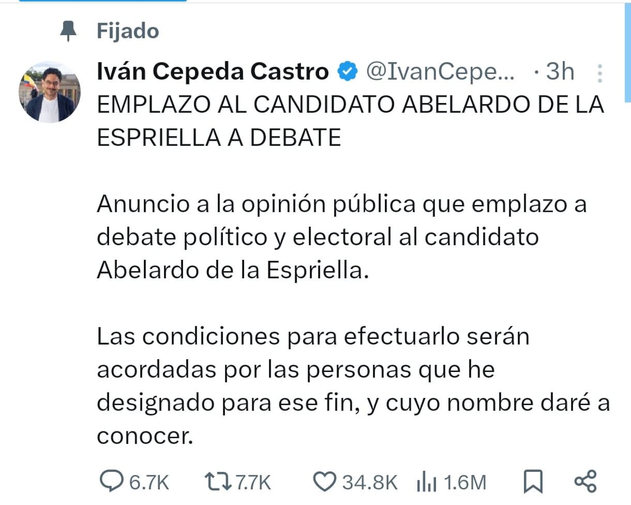 El candidato Iván Cepeda invitó a Abelardo de la Espriella a un debate.