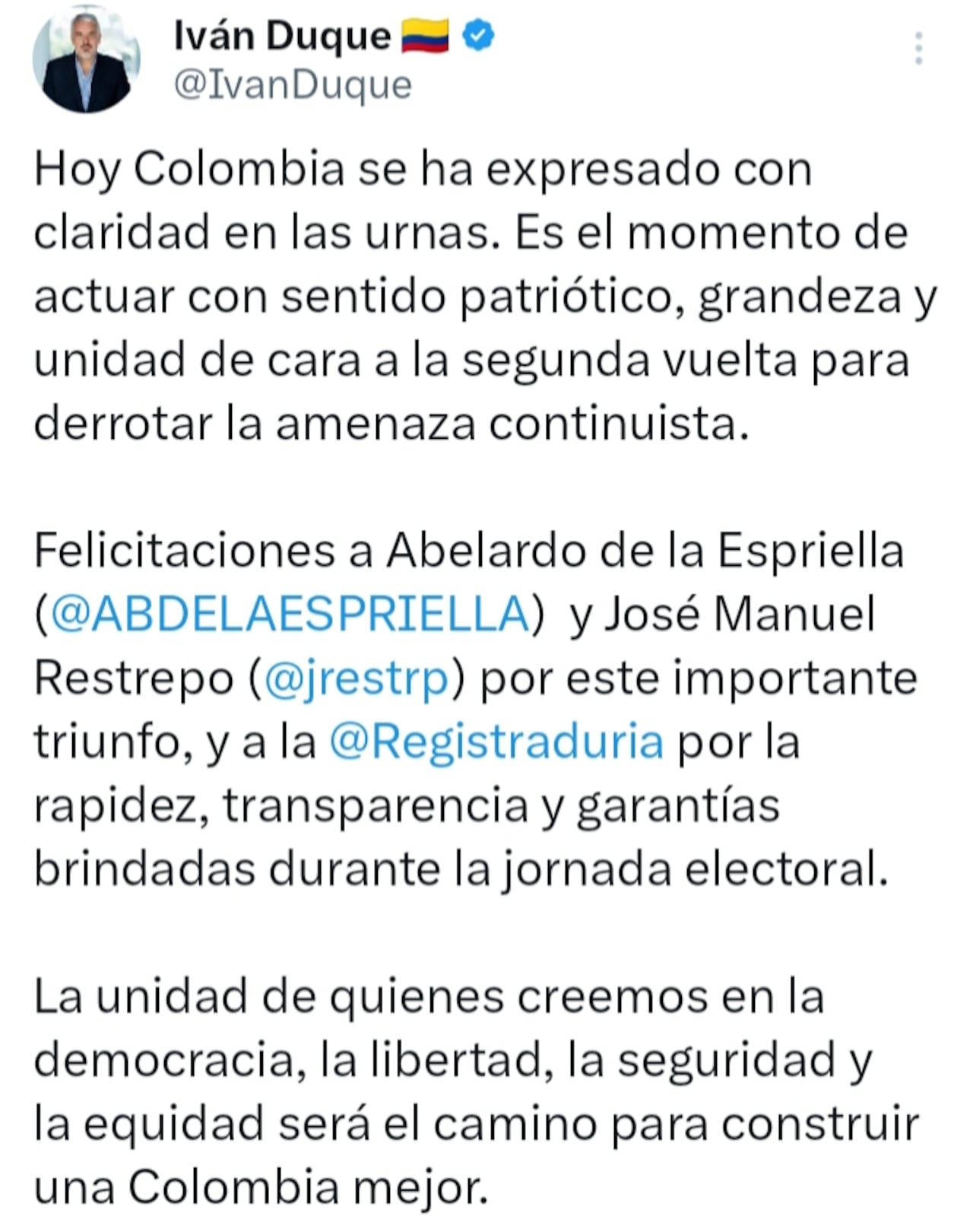 Mensaje del expresidente Iván Duque.