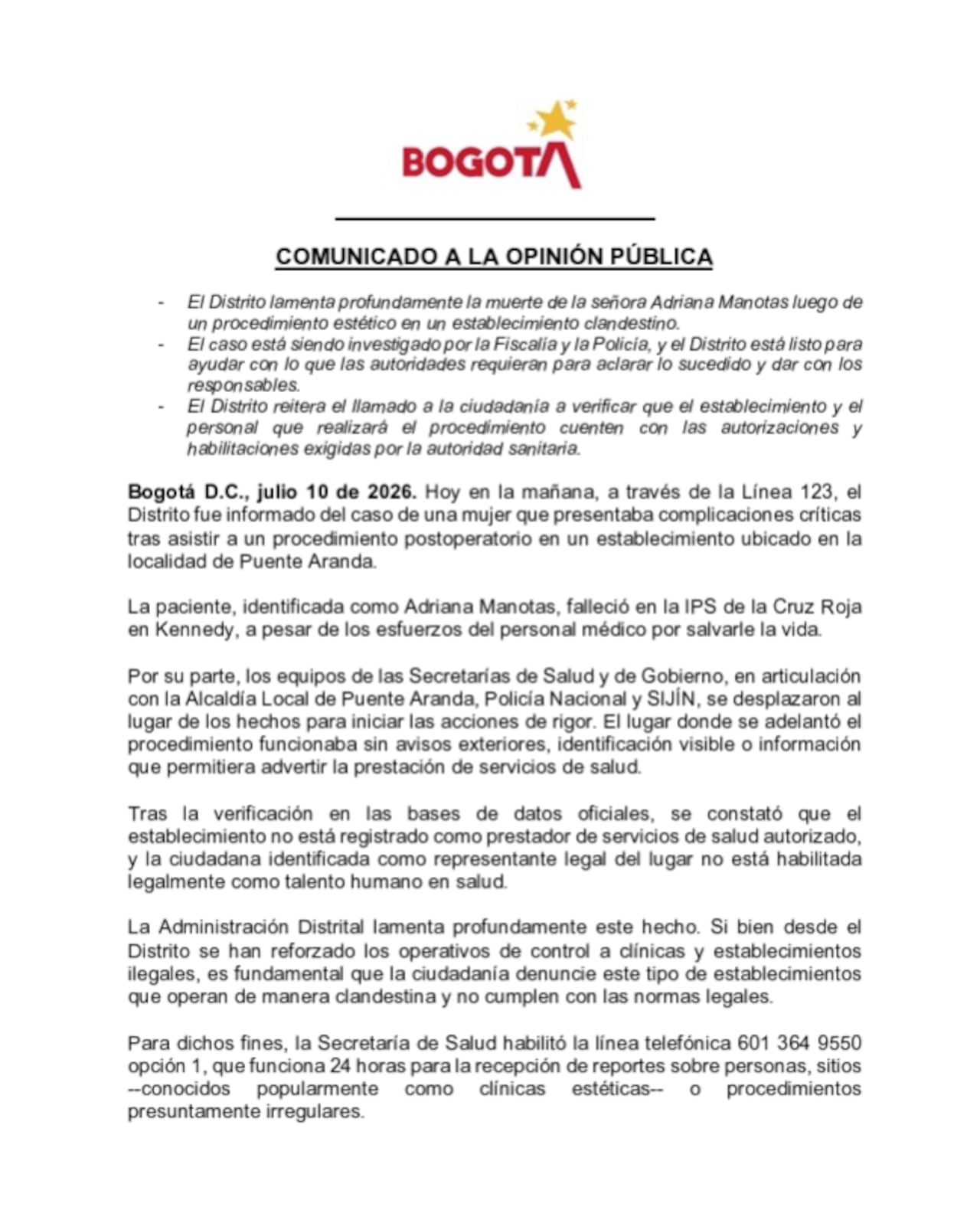 Comunicado, alcaldía de Bogotá sobre el caso.