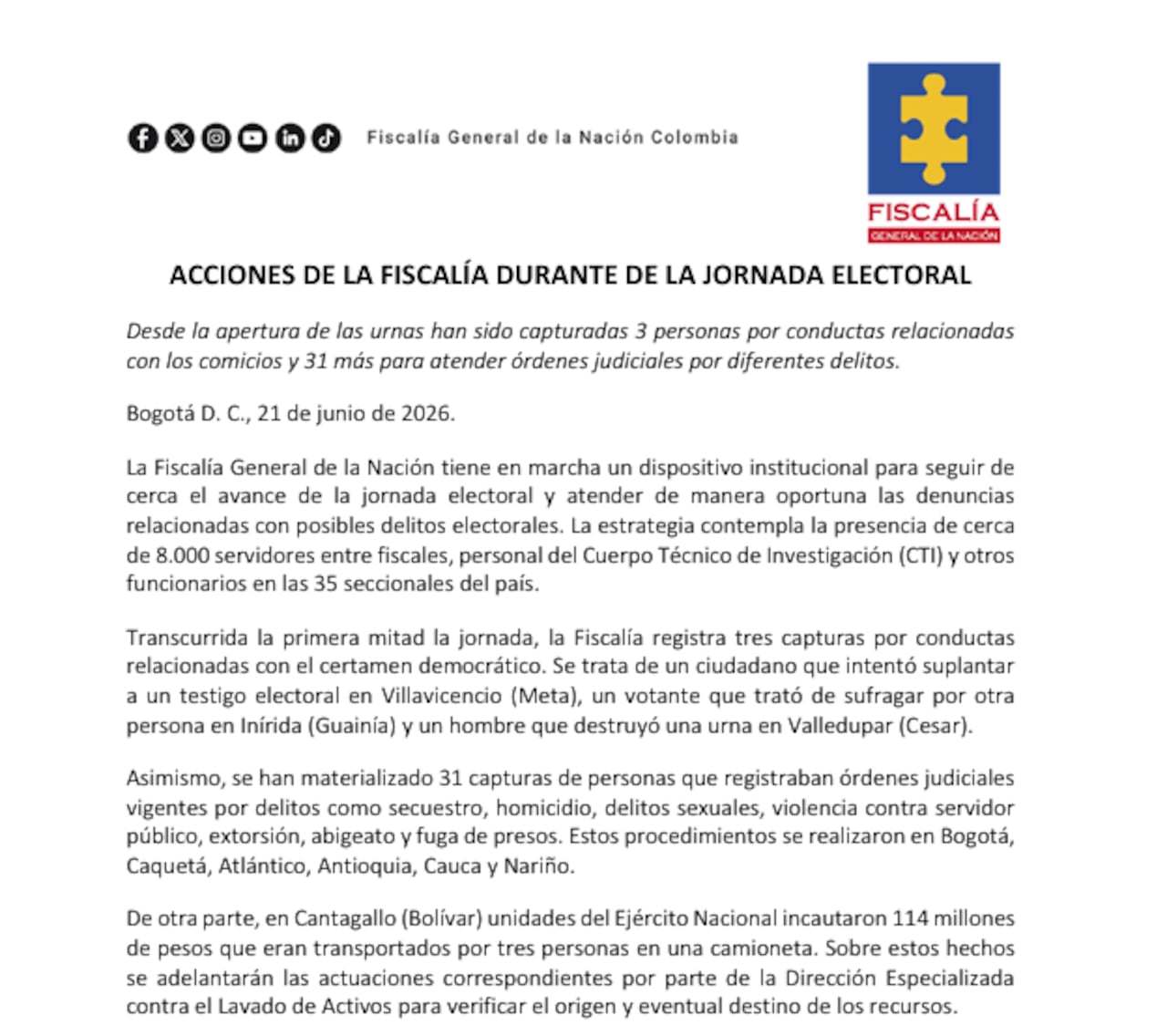 Comunicado difundido por la Fiscalía General de la Nación.