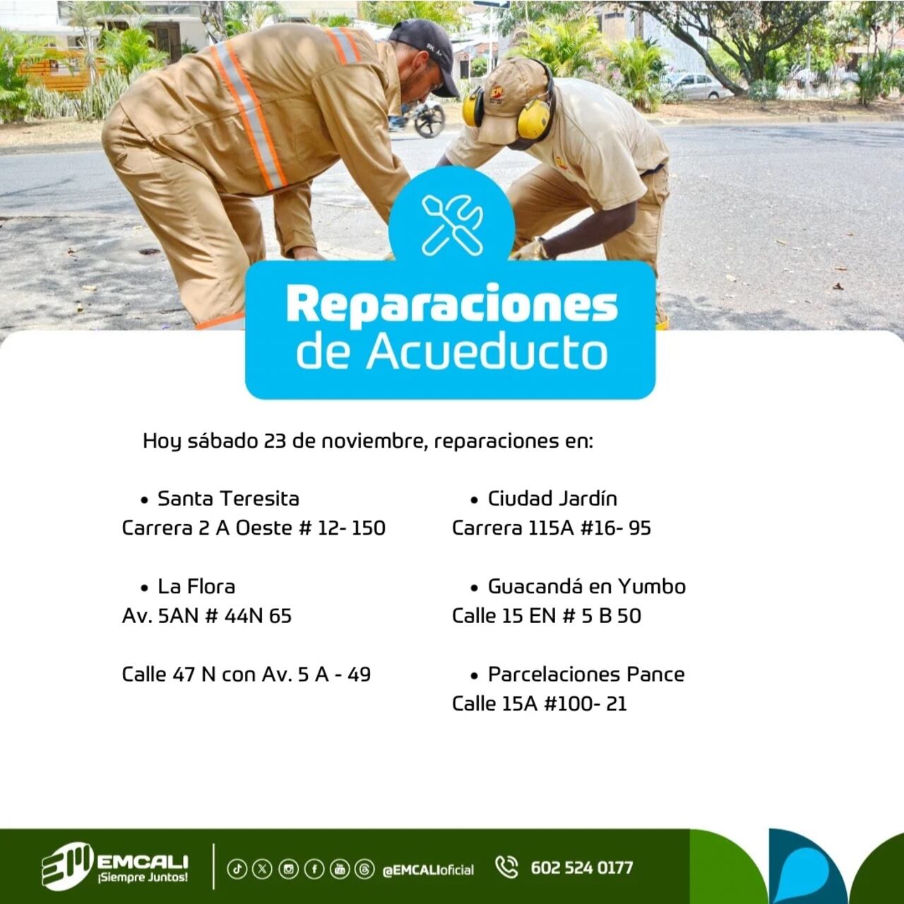 Trabajos de mantenimiento por parte de Emcali en distintos puntos de la ciudad, el sábado 23 de noviembre 2024