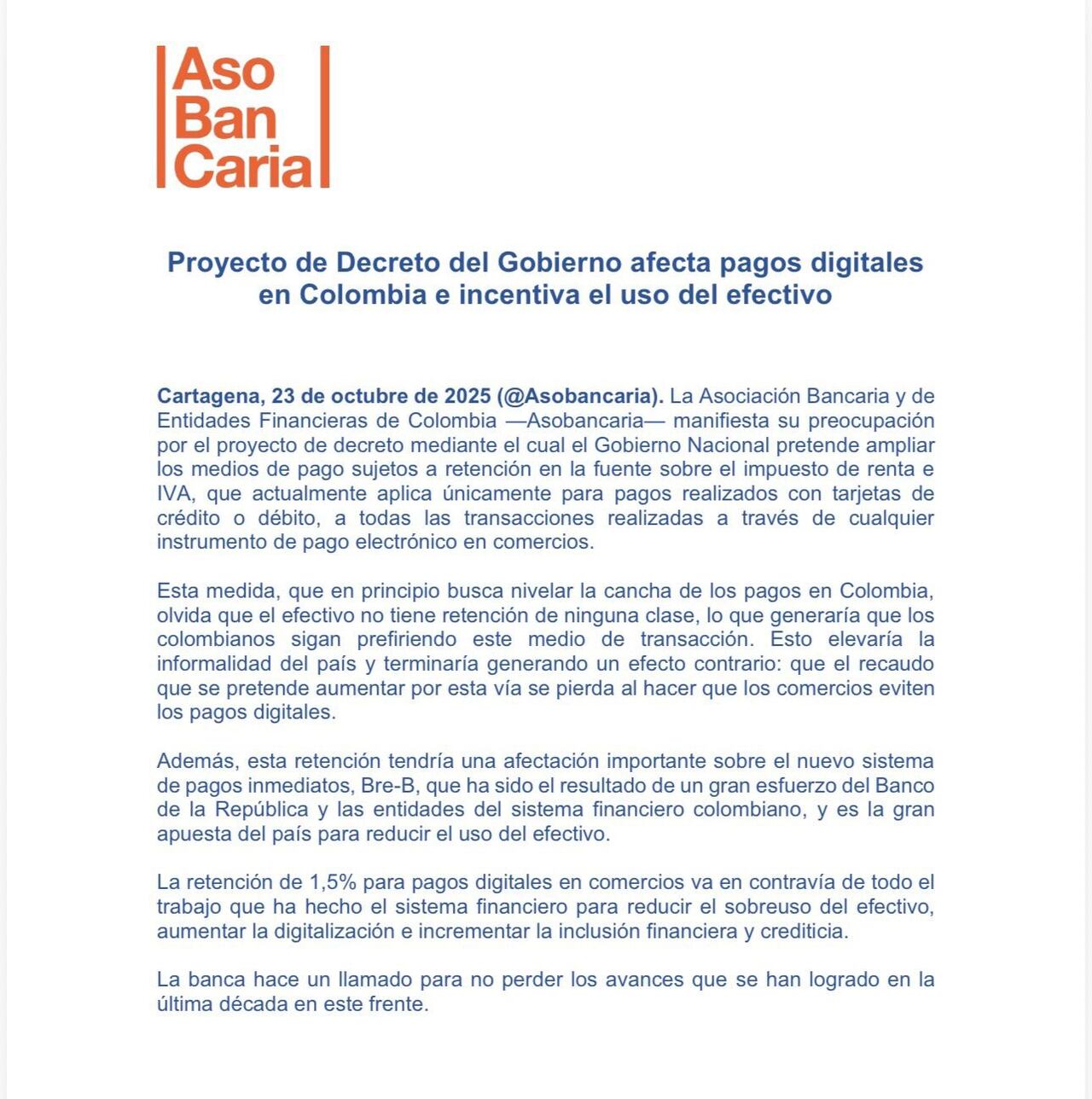 Desde Asobancaria expresaron preocupación sobre el proyecto de decreto.