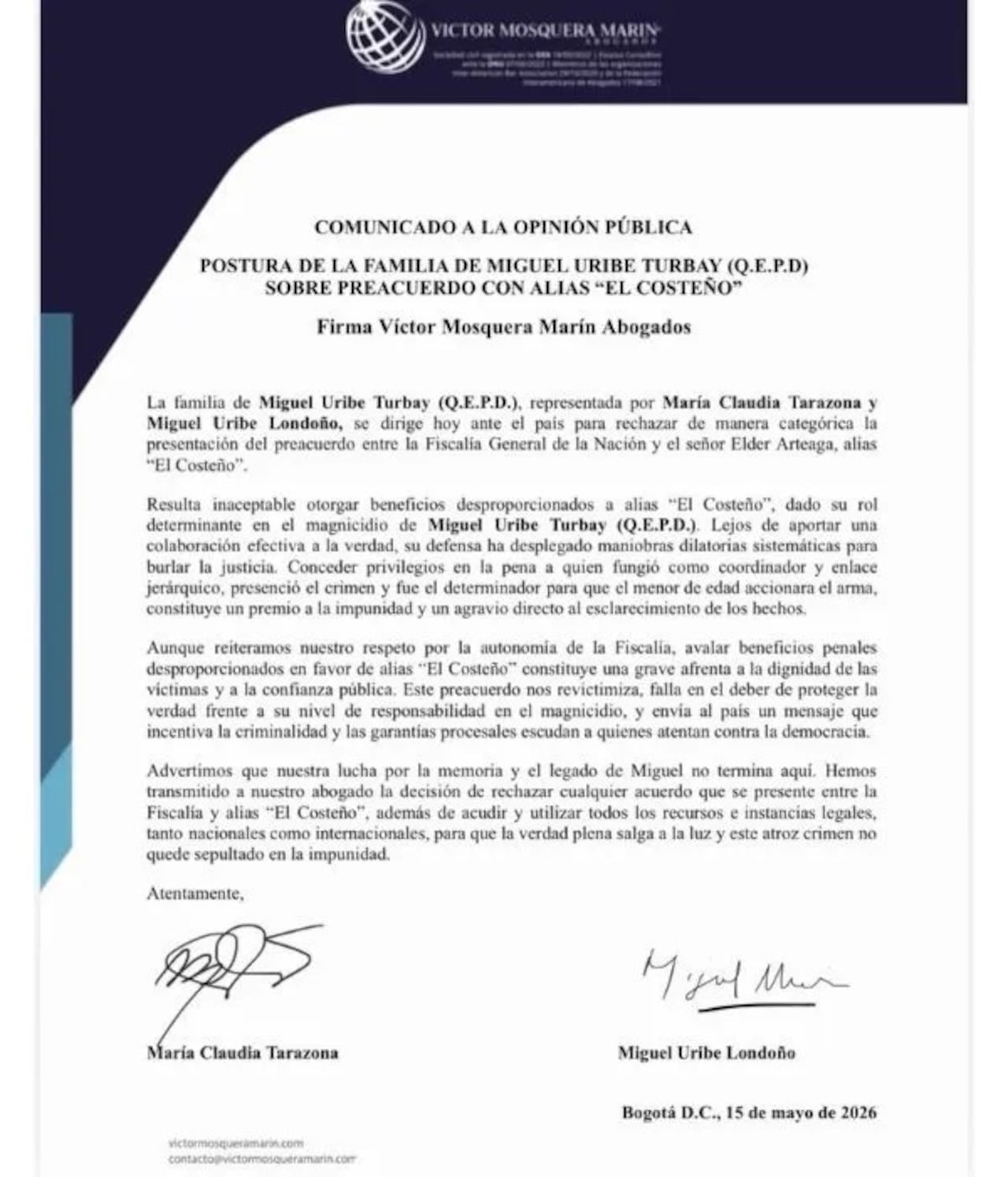 Familia de Miguel Uribe cuestionó negociación de la Fiscalía con alias ‘El Costeño’