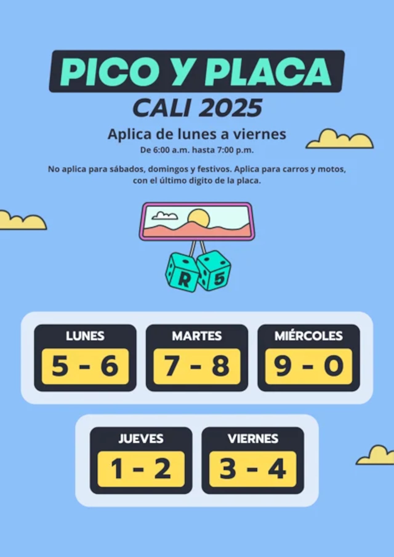 El Pico y Placa en Cali se aplica de lunes a viernes, en un horario comprendido entre las 06:00 a.m. y las 07:00 p.m