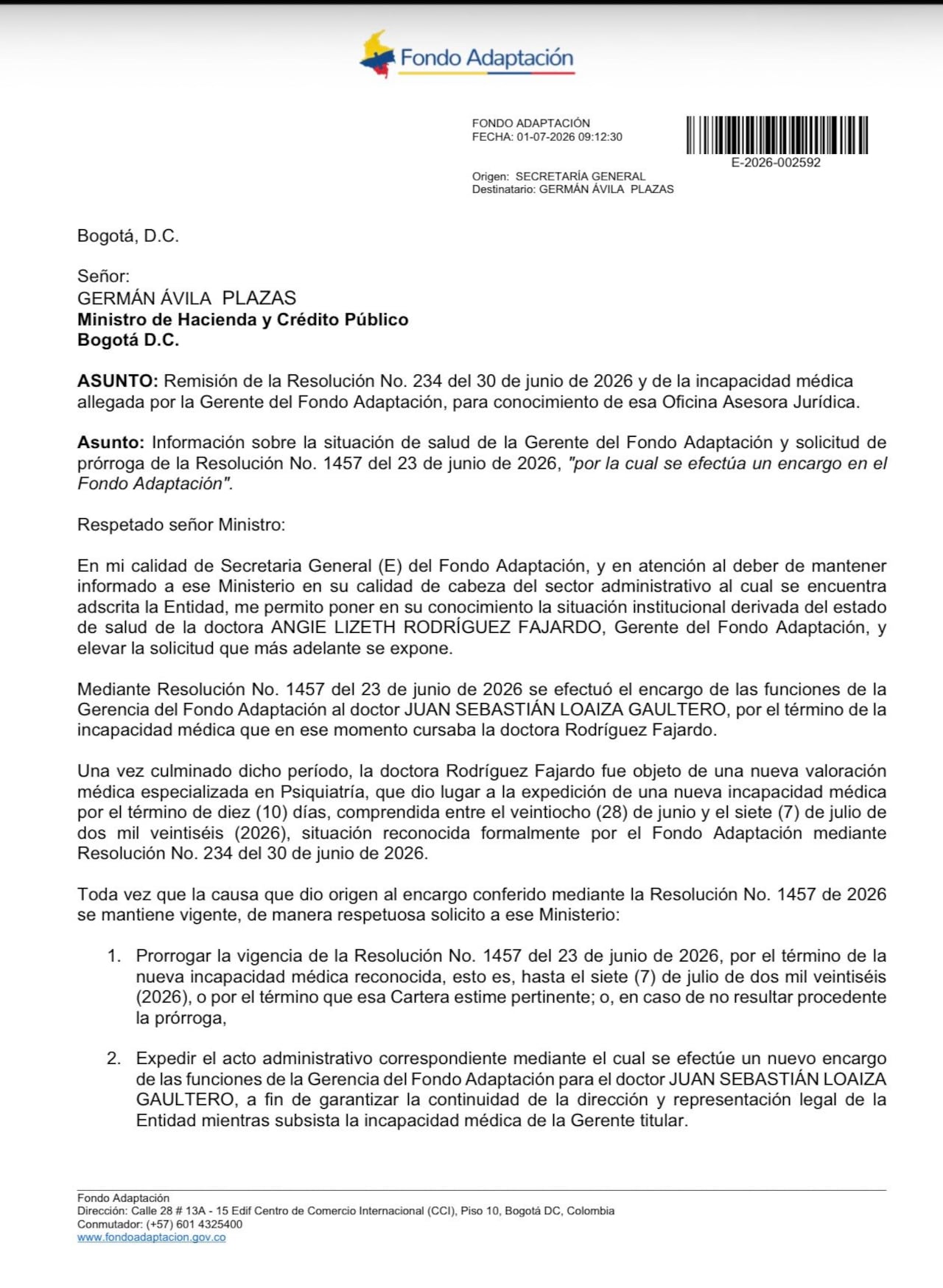 En el documento revelado se detalla que la funcionaria estuvo amparada por la Resolución 1457 del 23 de junio de 2026.