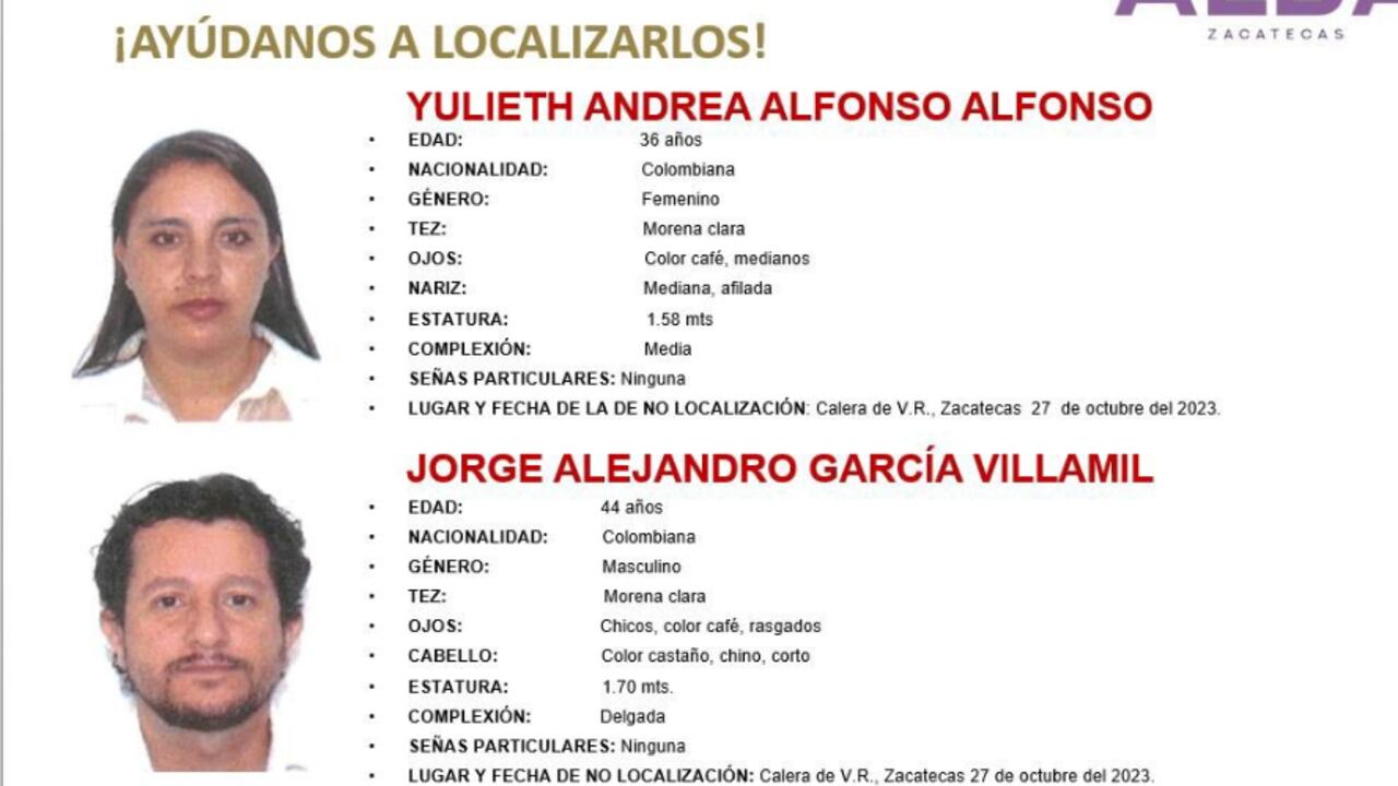 Yulieth Alfonso y Jorge Andrés García desaparecieron junto a sus tres hijos en un municipio de Zacatecas.