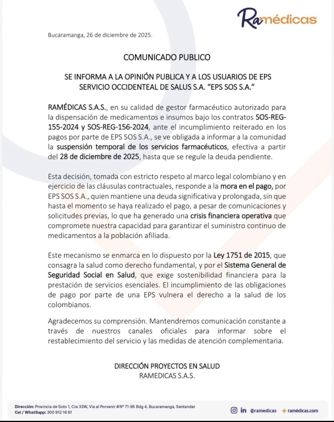 Ramédica hizo el anuncio a sus usuarios.