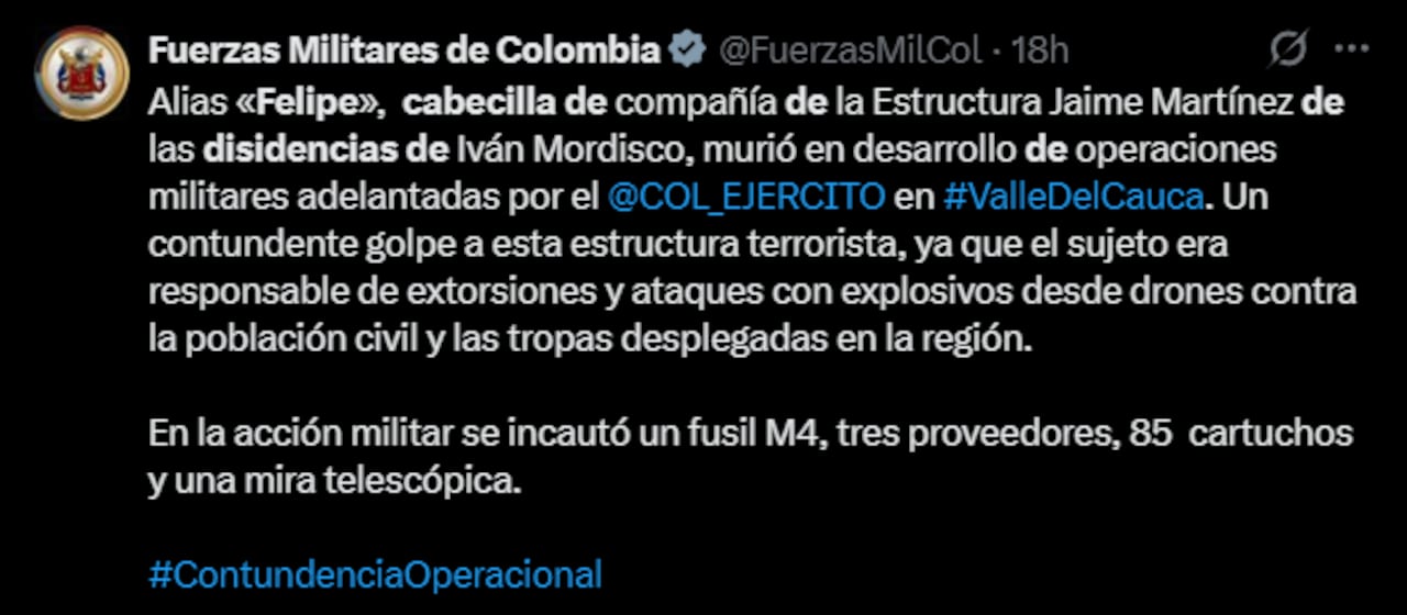 Según los reportes oficiales, el abatido era el responsable de coordinar ataques contra la población.