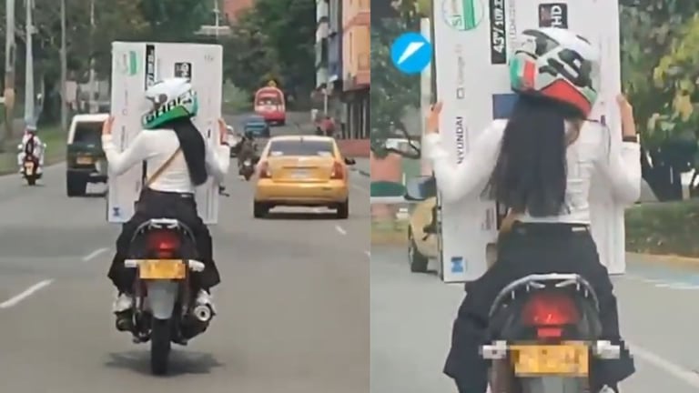 Pareja transporta una caja de televisor en motocicleta, una práctica que pone en riesgo la estabilidad y la seguridad en la vía.