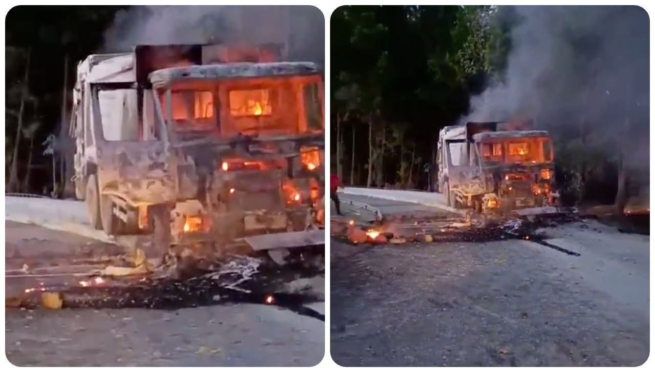 Camion vandalizado por hombres armados
