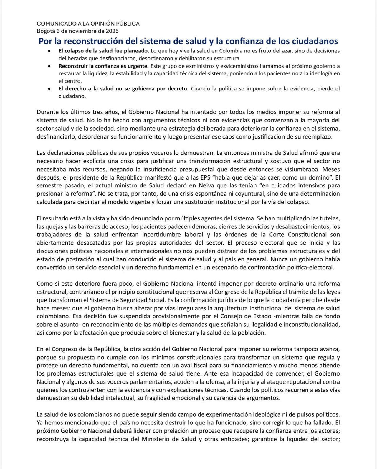Esta es la carta emitida por los exministros y exviceministros de Salud de Colombia.