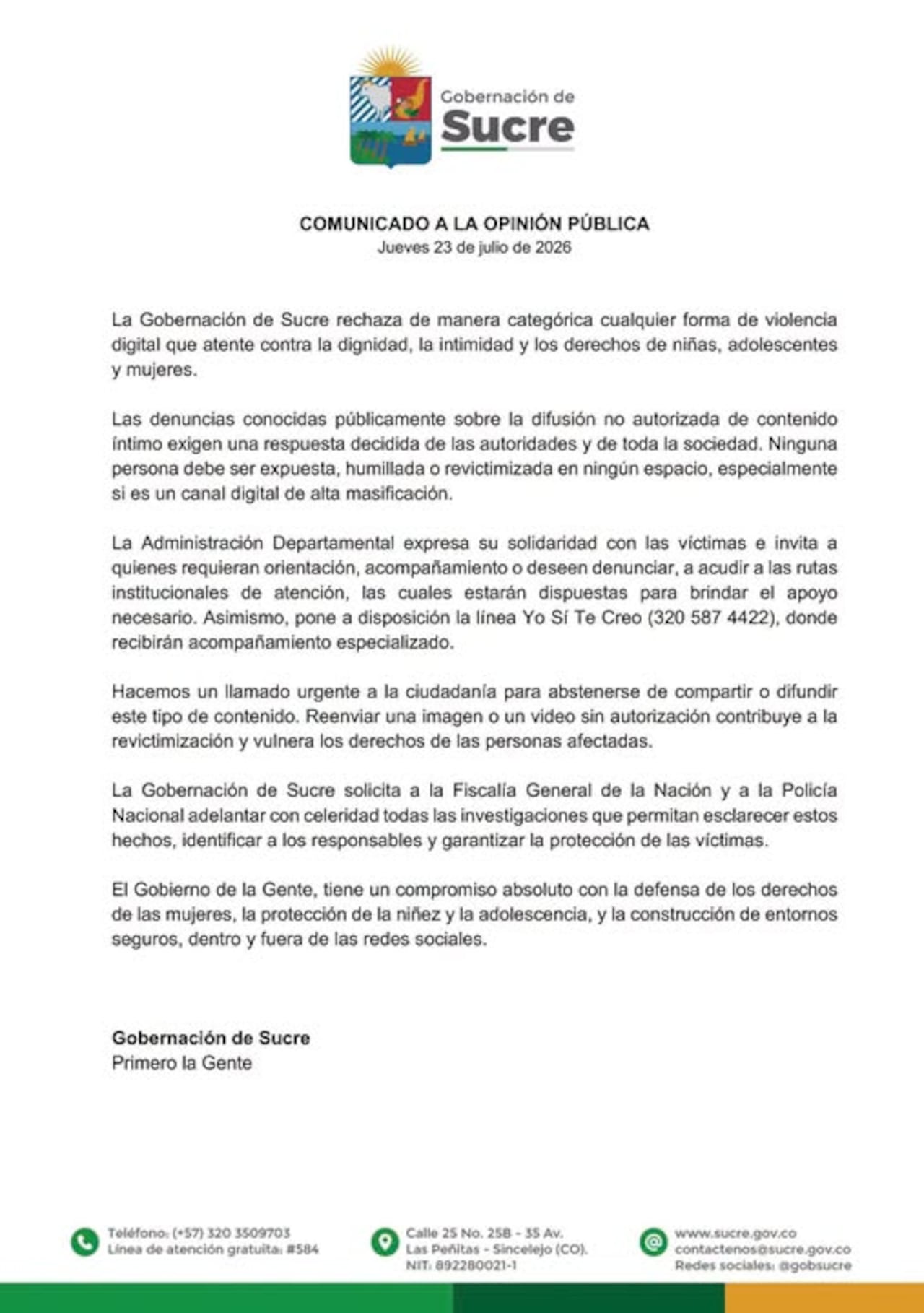 Gobernación de Sucre se pronuncia ante filtración de videos íntimos en Sincelejo.