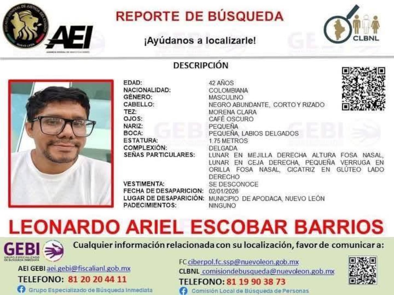 La Fiscalía General de Justicia del Estado de Nuevo León, México, confirmó que Leonardo Ariel Escobar Barrios, profesor de origen colombiano reportado como desaparecido desde el 2 de enero, fue encontrado con vida en el municipio de Juárez.