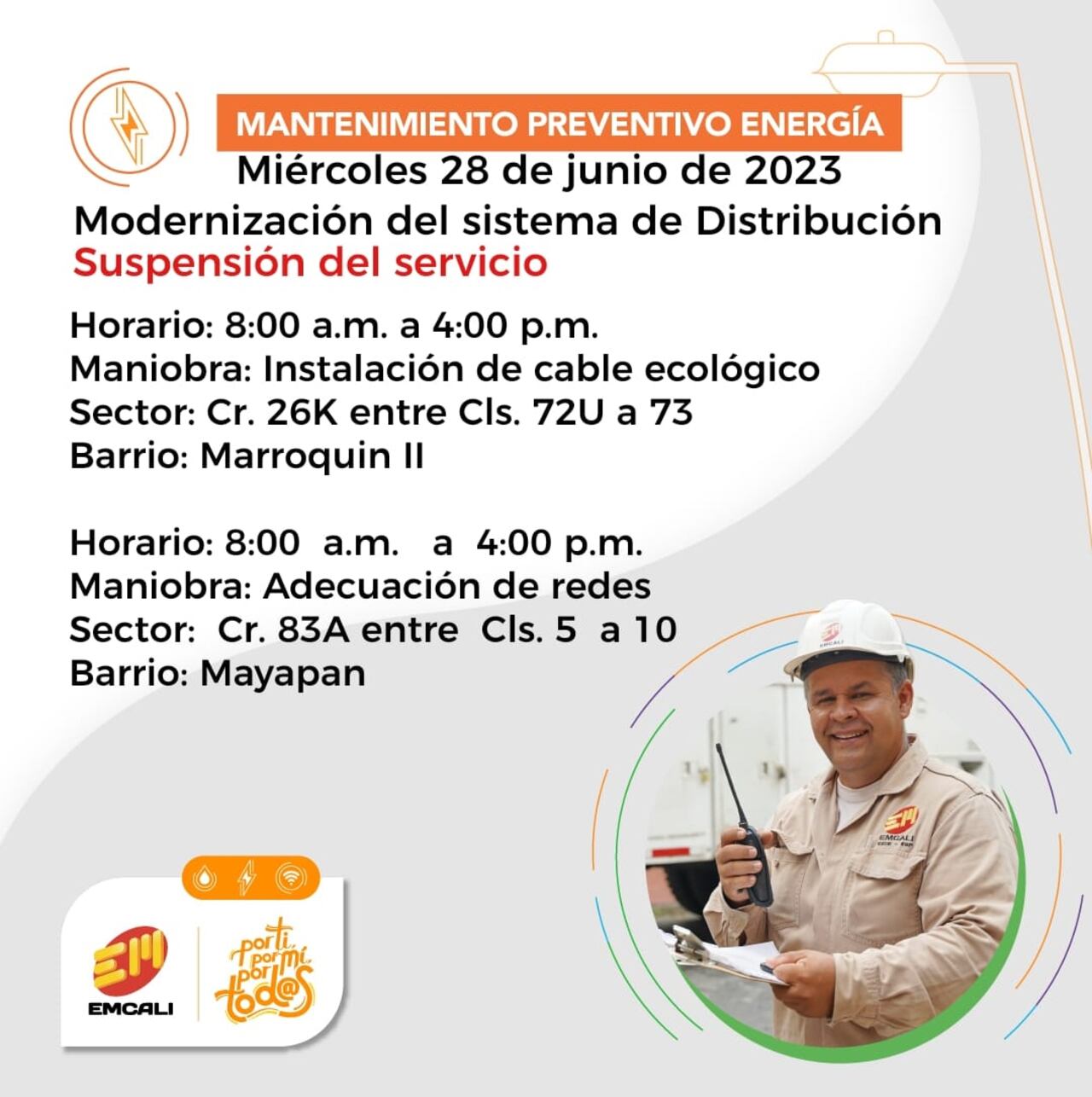 Cortes de energía en Cali, durante este miércoles 28 de junio.