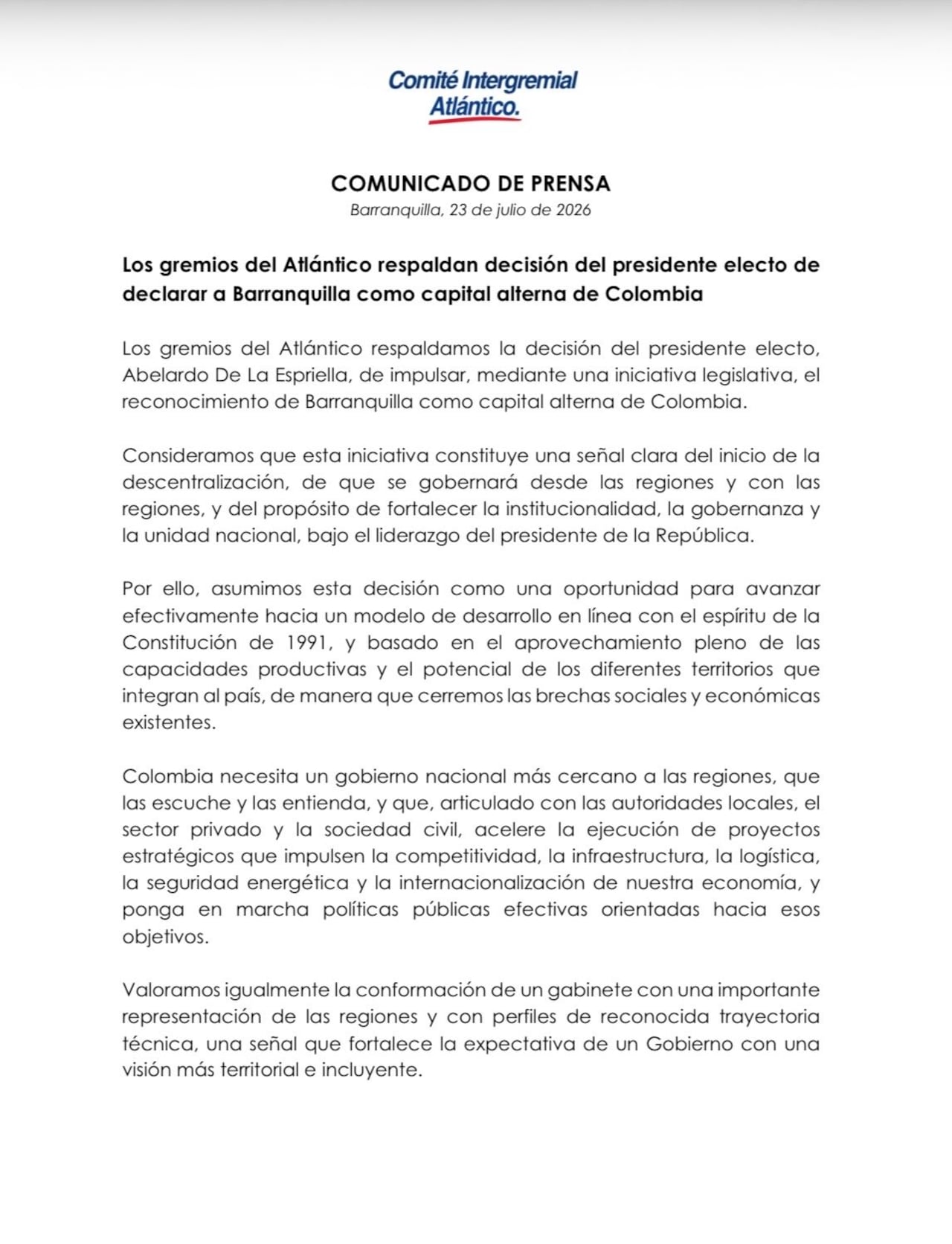 Los gremios del Atlántico respaldan decisión del presidente electo de declarar a Barranquilla como capital alterna de Colombia.