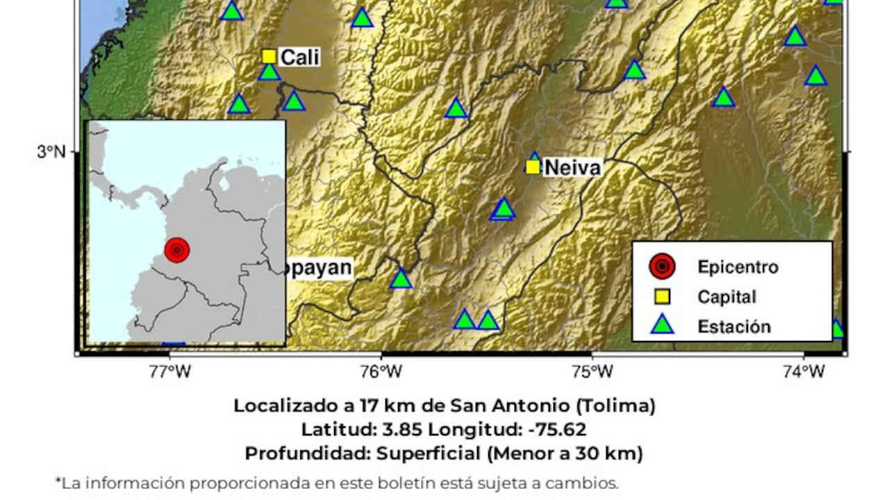 17:01 hora local Magnitud 3.2. Profundidad superficial, Chaparral - Tolima,