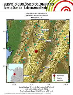 17:01 hora local Magnitud 3.2. Profundidad superficial, Chaparral - Tolima,