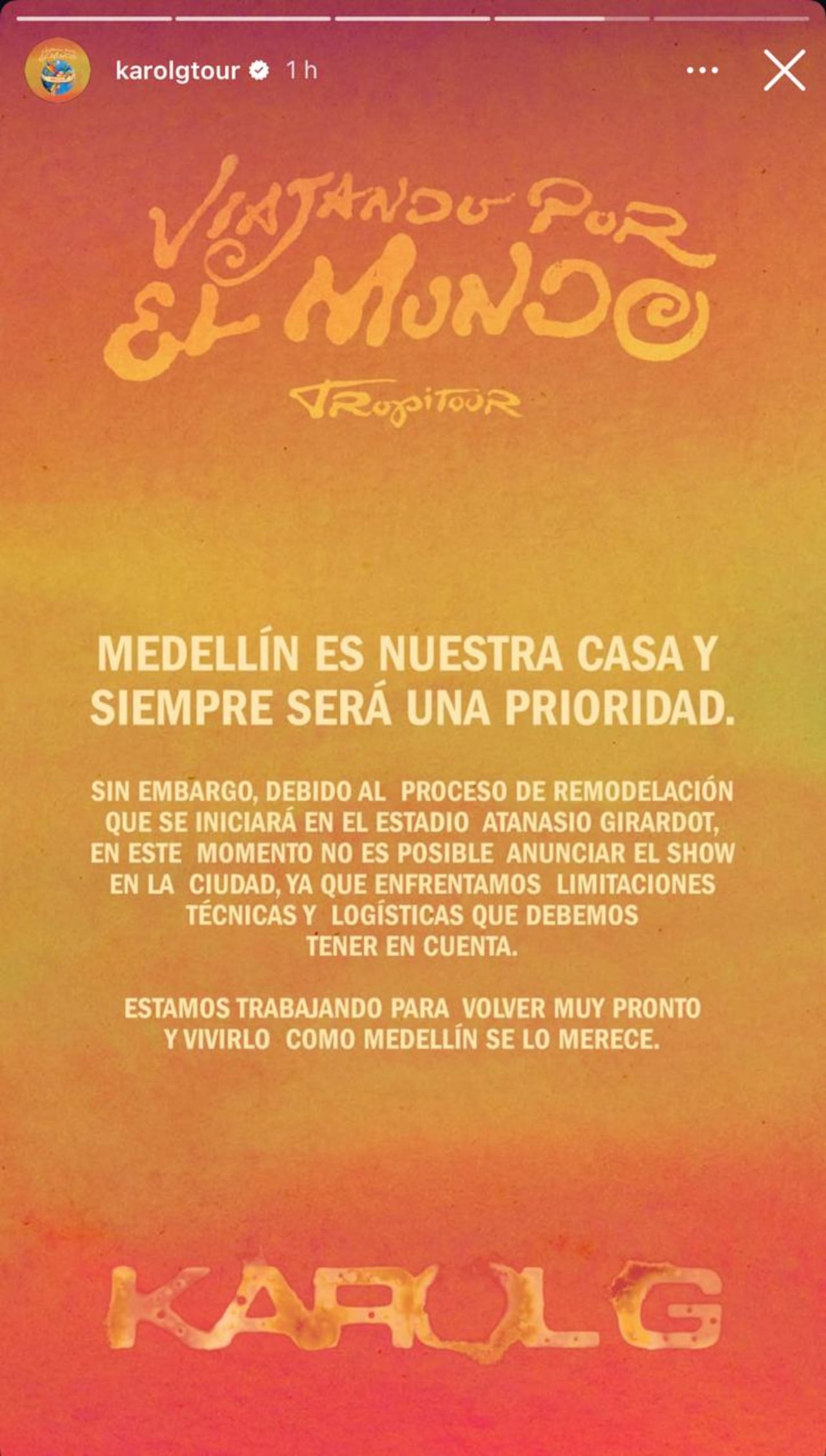 Karol G explicó por qué Medellín no está en su gira Viajando por el mundo Tropitour