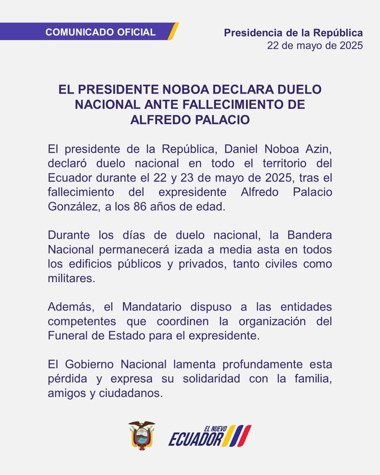 Presidencia de Ecuador decretó duelo nacional.