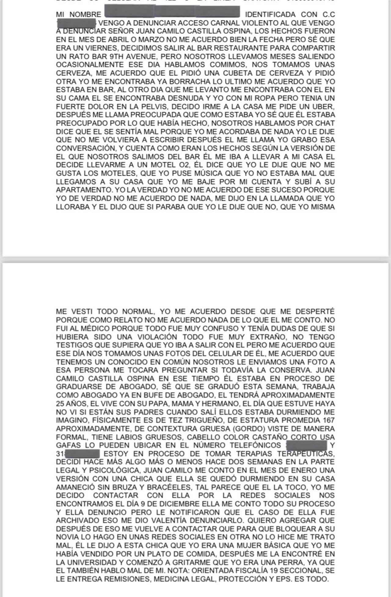 Esa fue la denuncia presentada contra Juan Camilo Castilla por presunto abuso sexual.