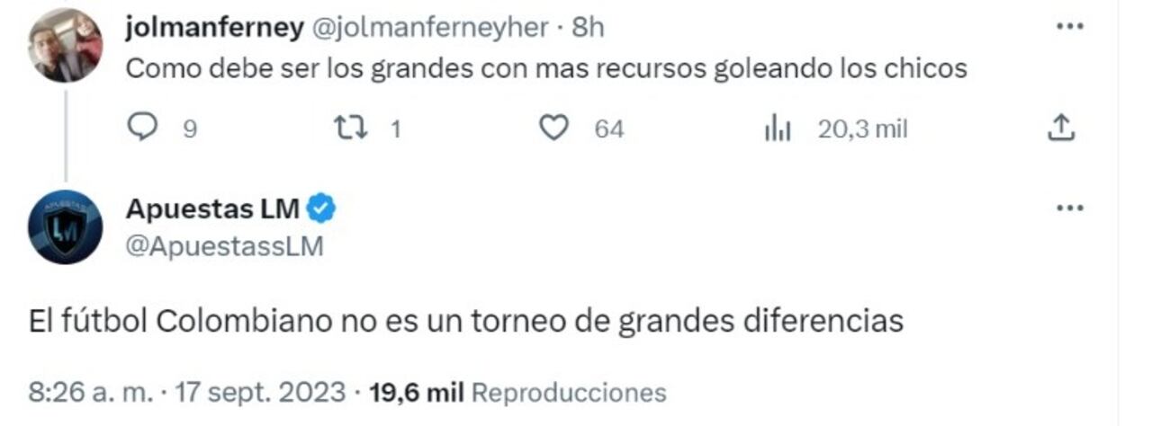 Una de las reacciones a la publicación sobre los resultados abultados en el Fútbol Colombiano hecha por '@ApuestassLM'
