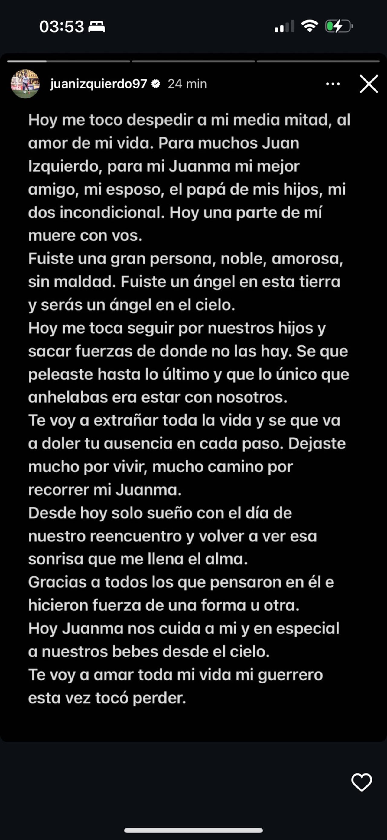 El duro mensaje de la esposa de Juan Izquierdo, luego de su fallecimiento