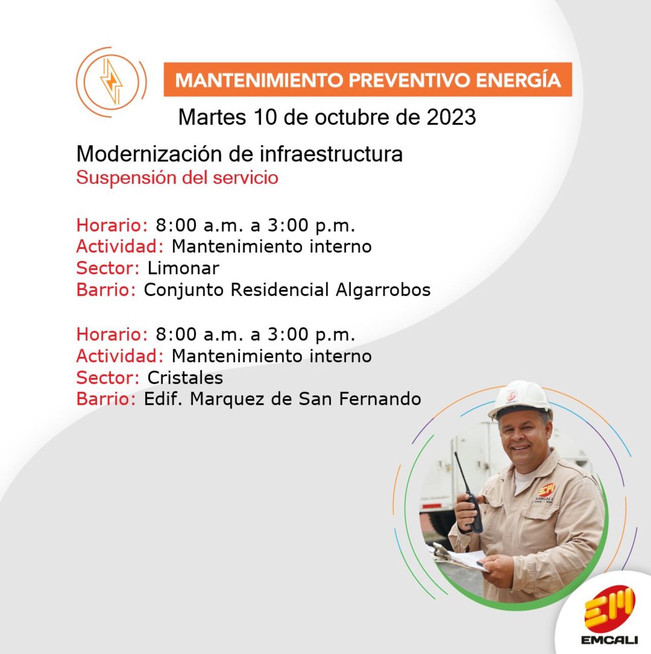 Emcali anunció cortes por mantenimiento para este martes 10 de octubre.
