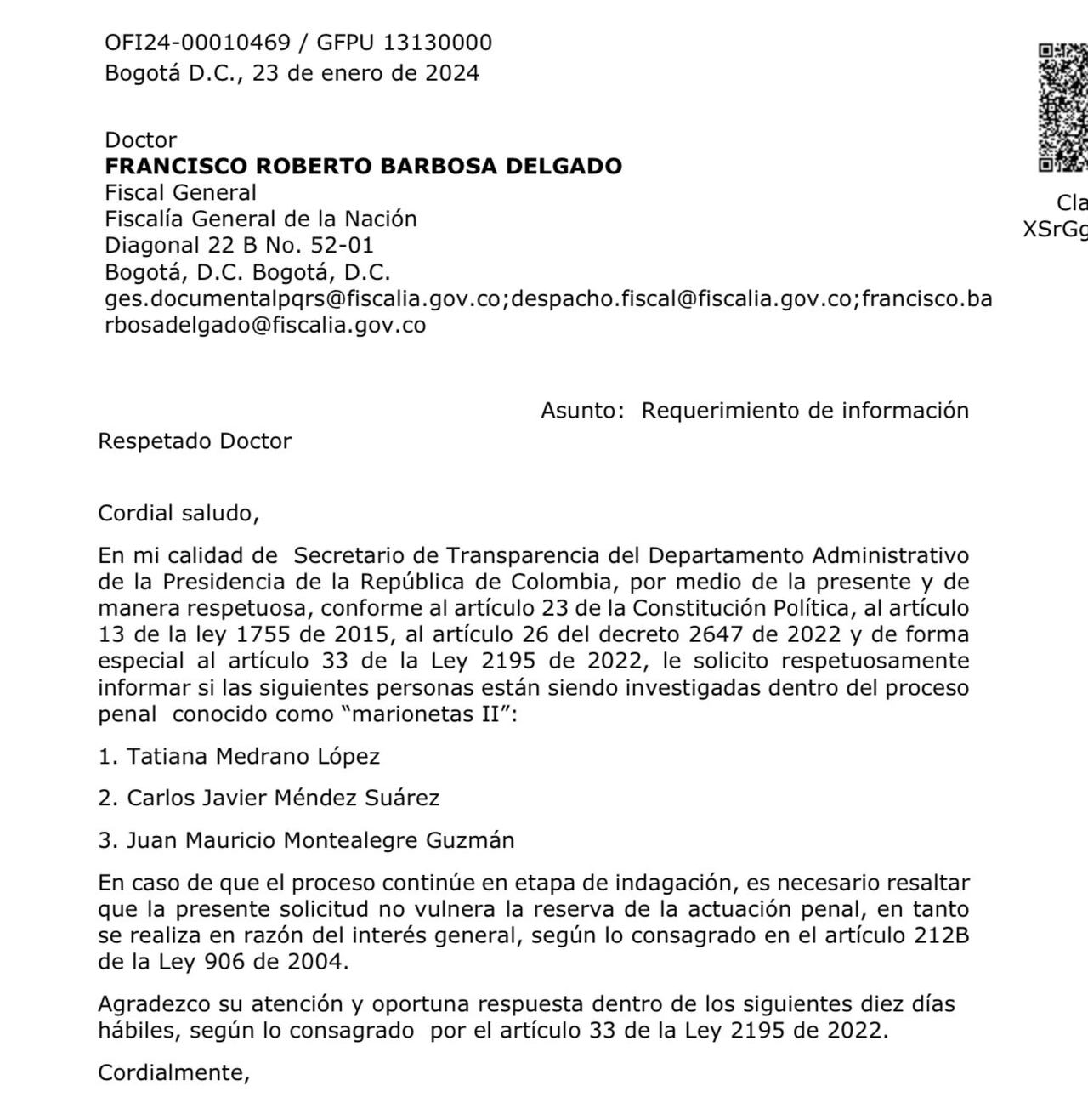 Esta es la carta que el Secretario de Transparencia envió a la Fiscalía.