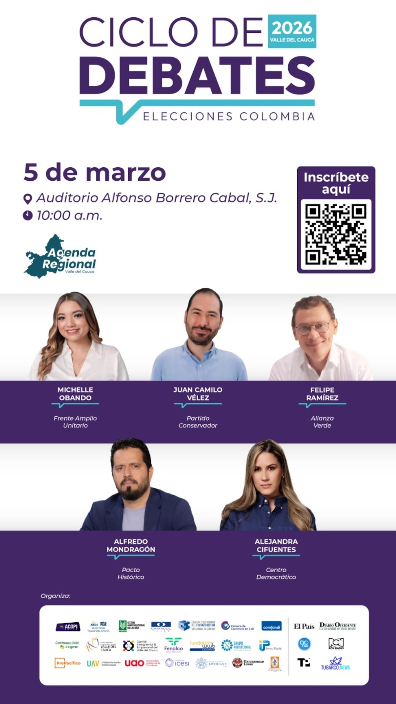 Candidatos al Congreso de diferentes partidos participarán en el quinto debate del Ciclo Elecciones Colombia 2026, organizado por la Agenda Regional Valle del Cauca y la Pontificia Universidad Javeriana Cali.