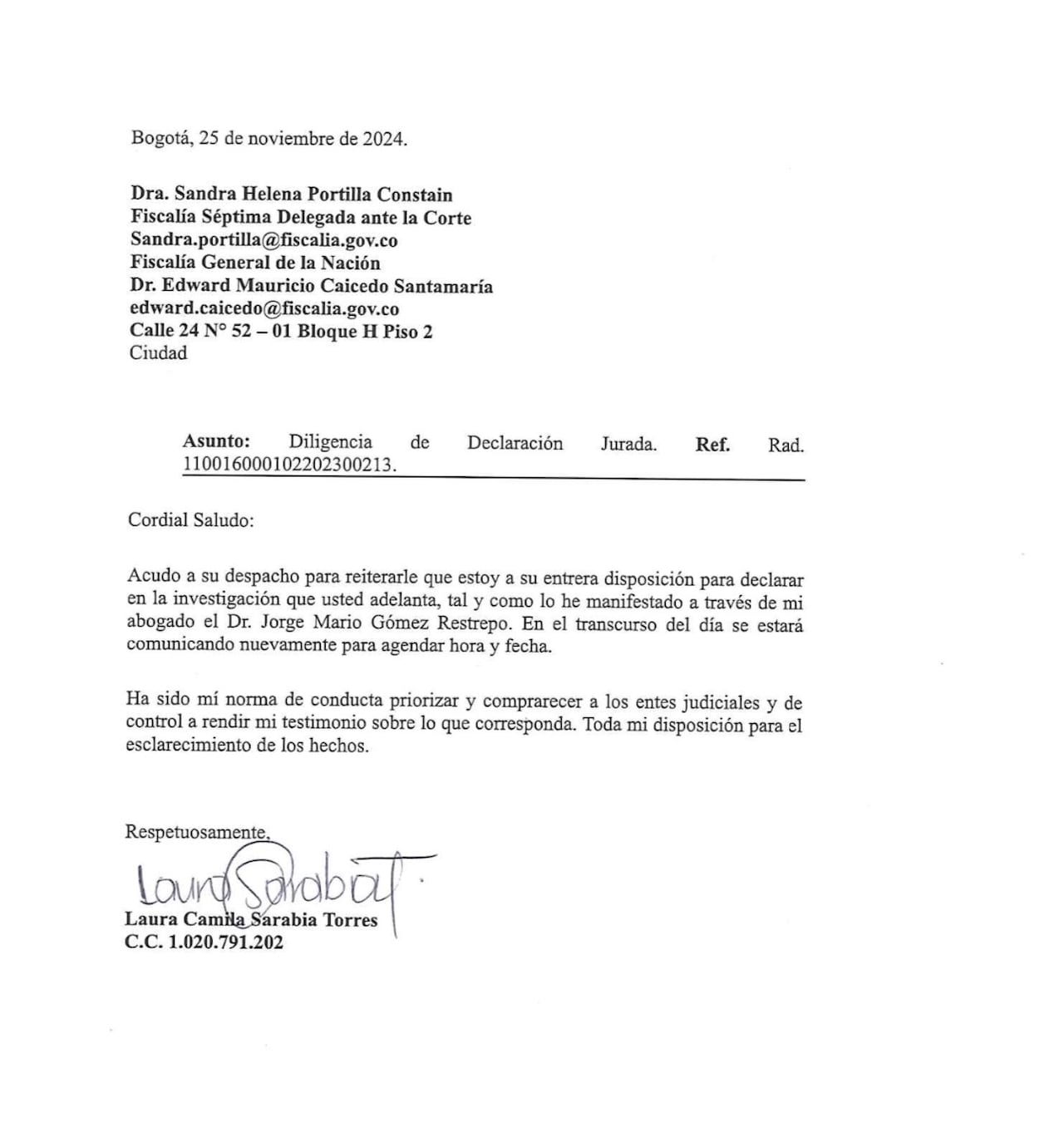 Esta es la carta que Laura Sarabia emitió a las autoridades.