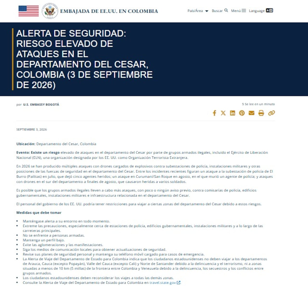 Embajada estadounidense recomienda extremar precauciones al viajar por el Cesar