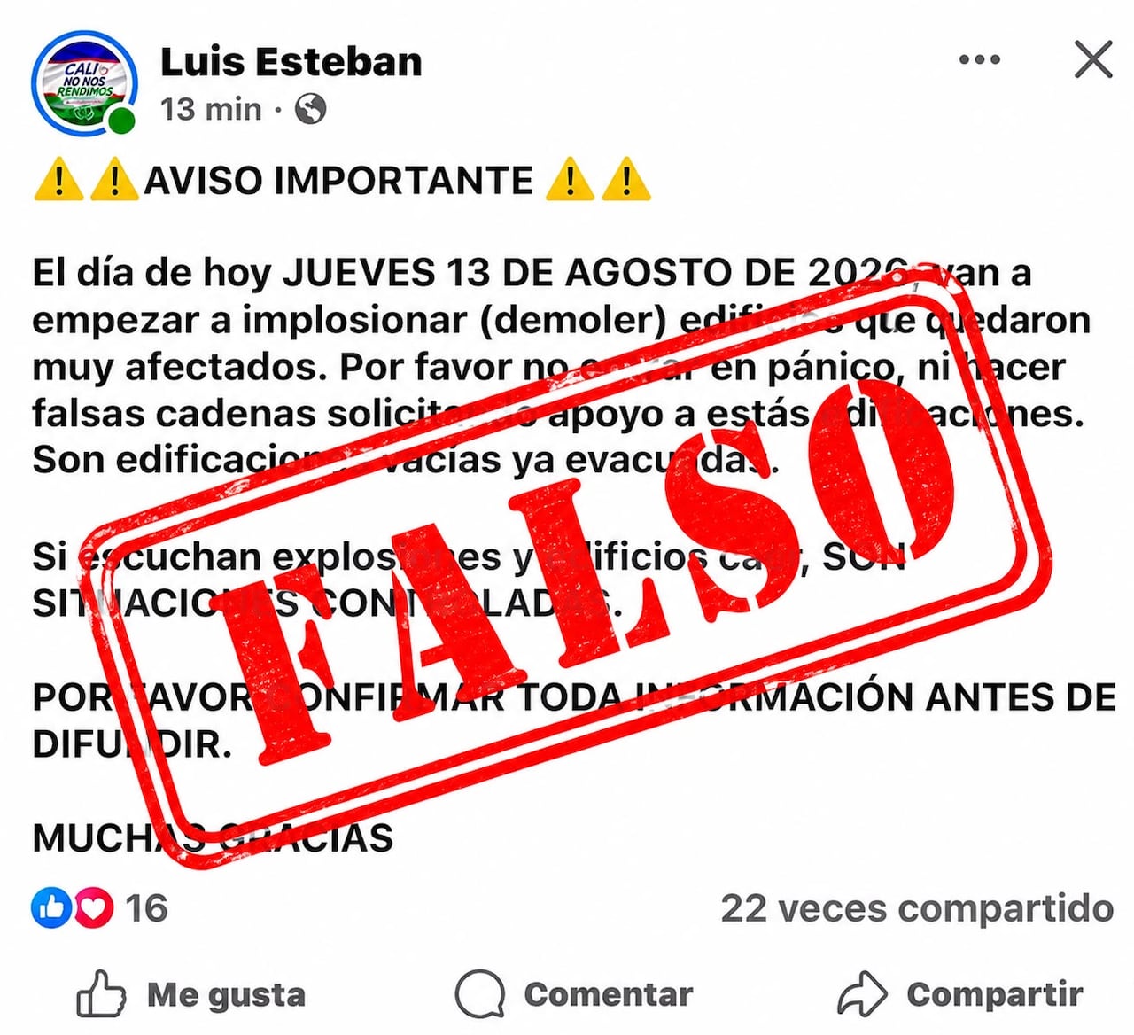 Mensaje falso que fue desmentido por la Alcaldía de Cali en medio del devastador terremoto.