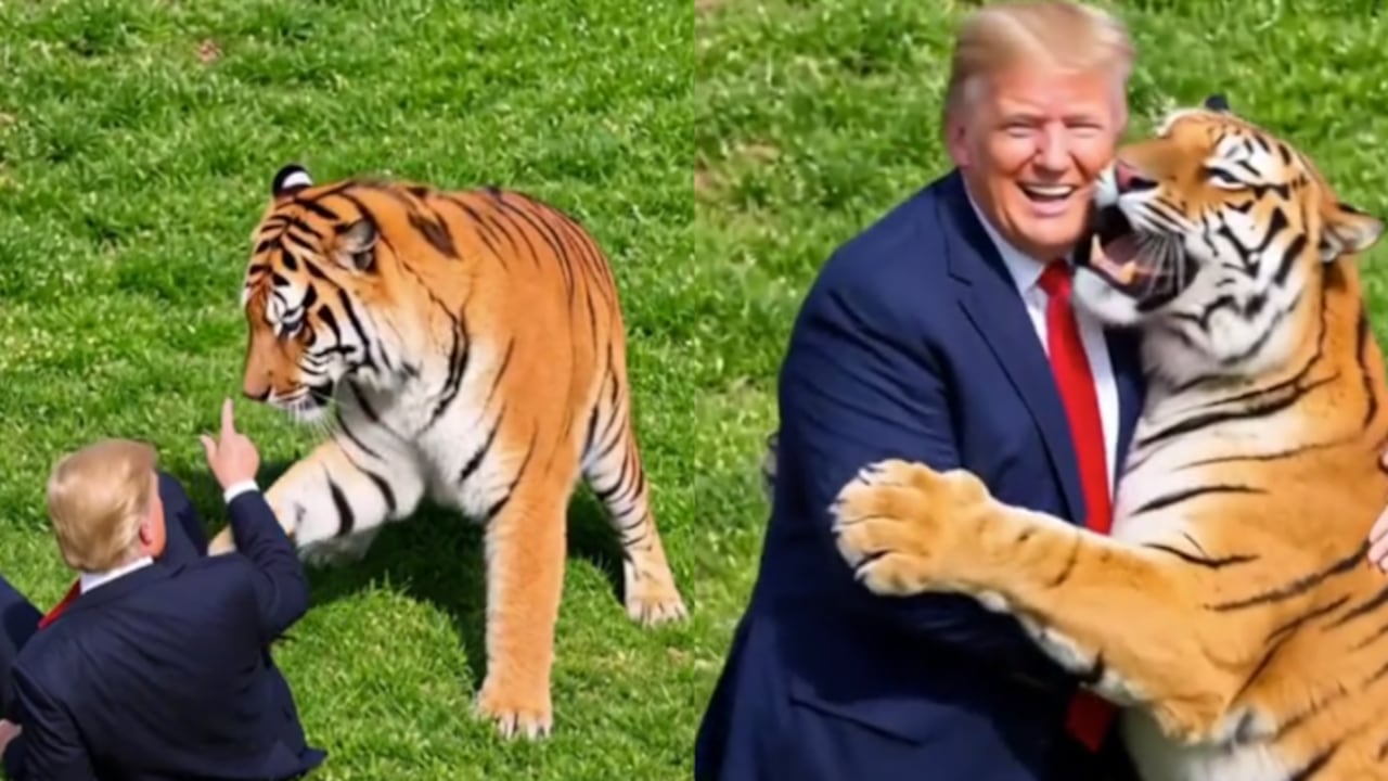 Donald Trump generó controversia en redes sociales tras publicar un video creado con inteligencia artificial en el que aparece jugando con un tigre.