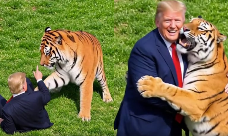 Donald Trump generó controversia en redes sociales tras publicar un video creado con inteligencia artificial en el que aparece jugando con un tigre.