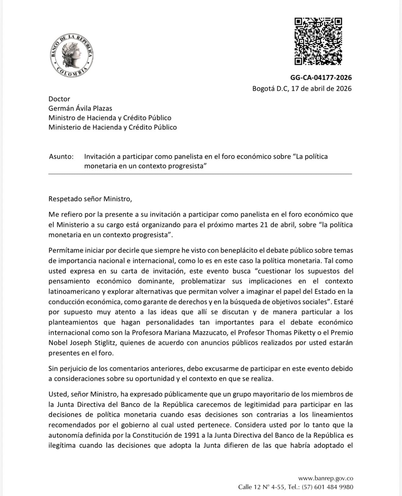 Carta Leonardo Villar, gerente general del Banco de la República.