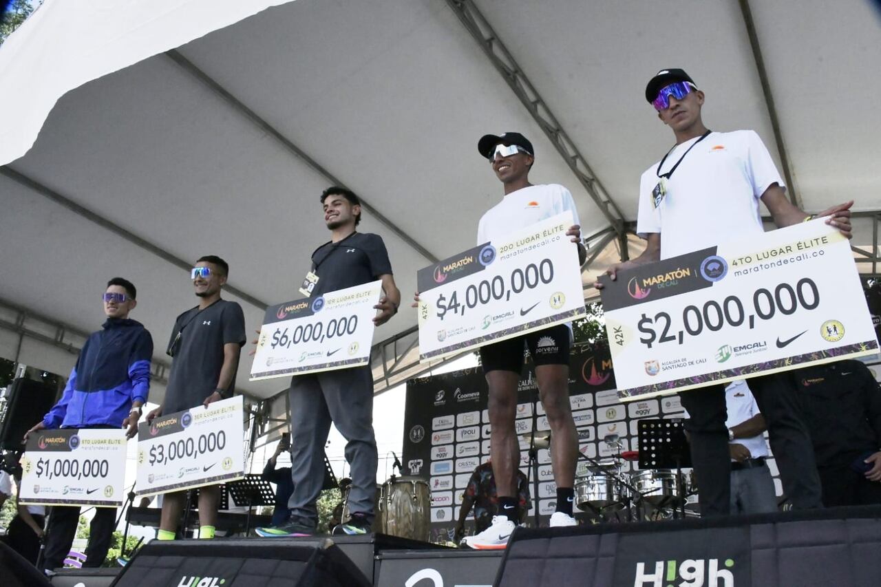 Ganadores 15 K (Todos colombianos) en la Maratón de Cali 2026
Primero Javier Peñaloza 6.000.000 de pesos
Segundo: Mauricio González 4.000.000 de pesos
Tercero: Wilmer Chávez 3.000.000 de pesos
Cuarto: Iván González 2.000.000 de pesos
Quinto: Nicolás Herrera 1.000.000 de pesos