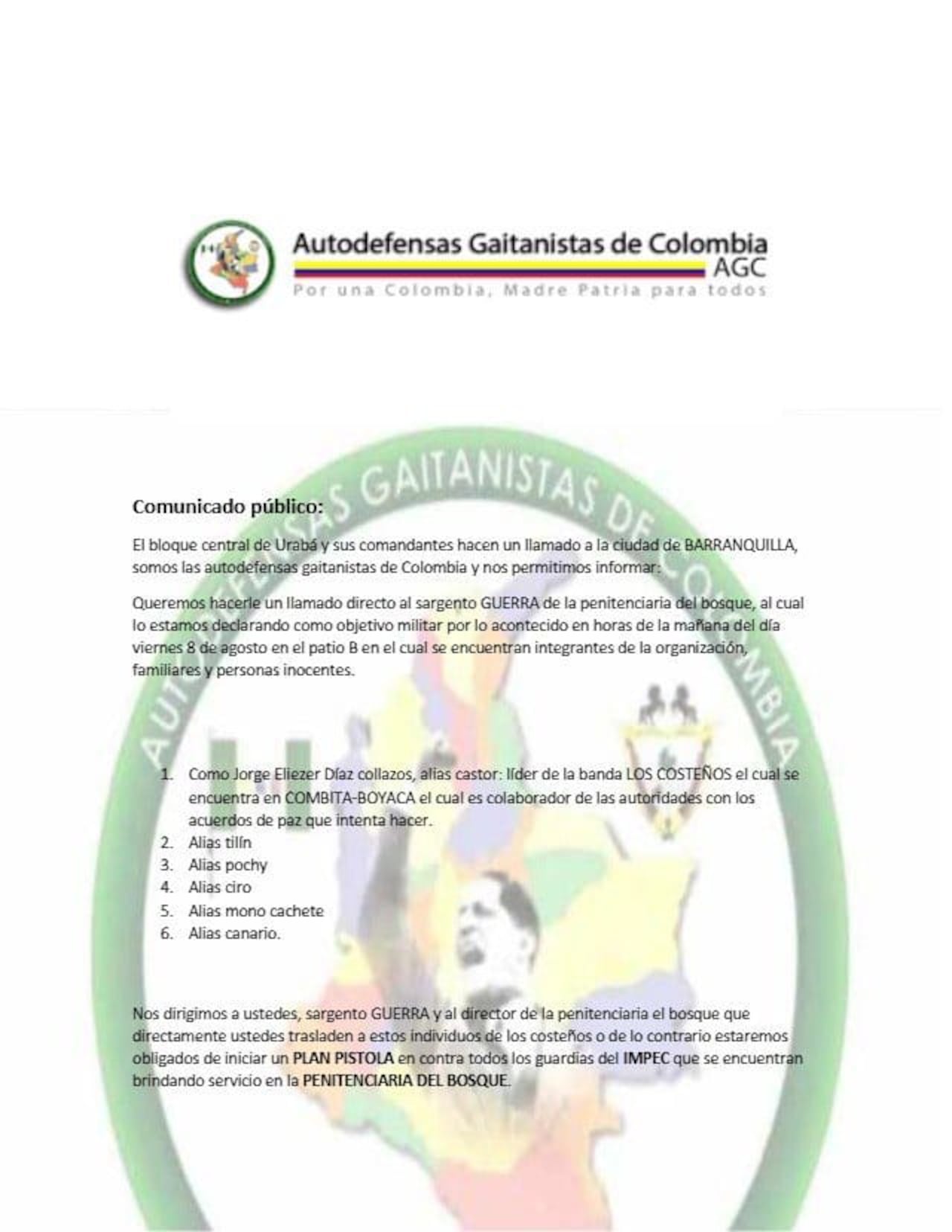 Clan del Golfo amenaza a director de la penitenciaría El Bosque de Barranquilla.