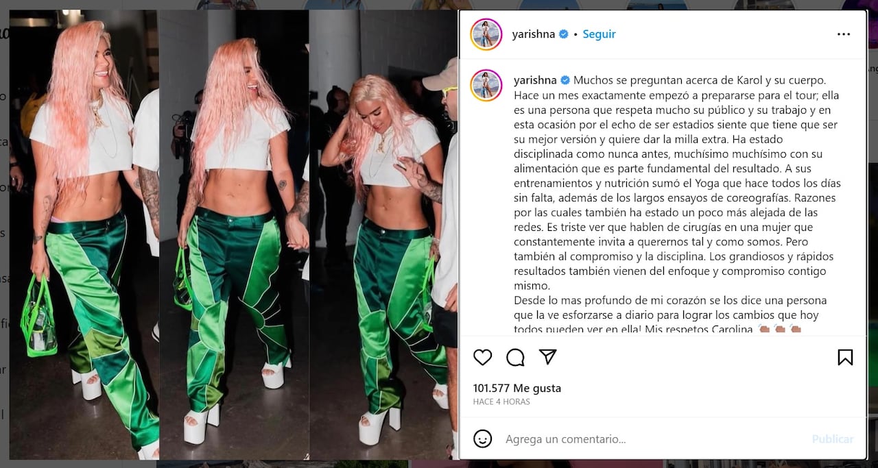 La entrenadora de Karol G publicó en su cuenta de instagram que la cantante está entrenando fuertemente desde hace un mes para dar un excelente espectaculo a sus fans y que no se trata de cirugías plásticas. Foto: cuenta instagram Yarishna Ayala.