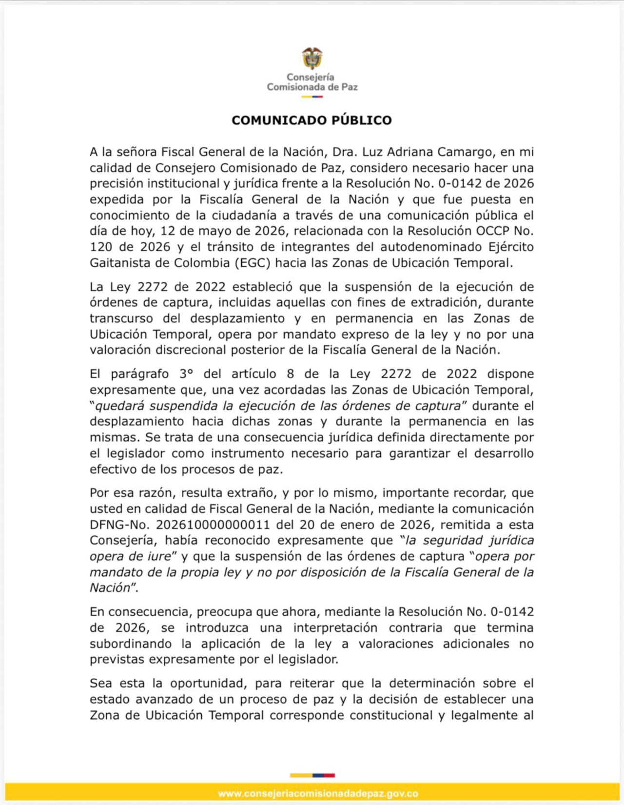 Gobierno defiende legalidad de suspensión de capturas para integrantes del EGC