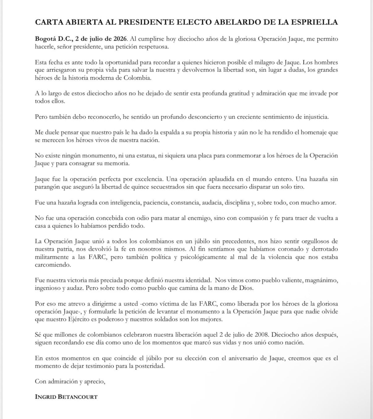 Ingrid Betancourt pidió al presidente electo, Abelardo De La Espriella, hacer un monumento a la Operación Jaque.