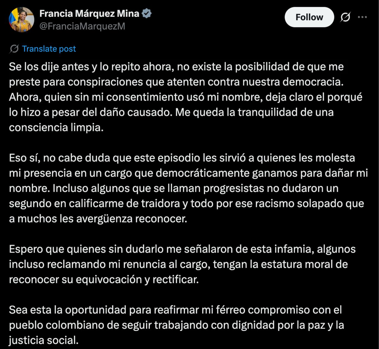 La vicepresidenta Francia Márquez emitió un duro cuestionamiento ante quienes la han vinculado con posibles hechos de desestabilización en Colombia.