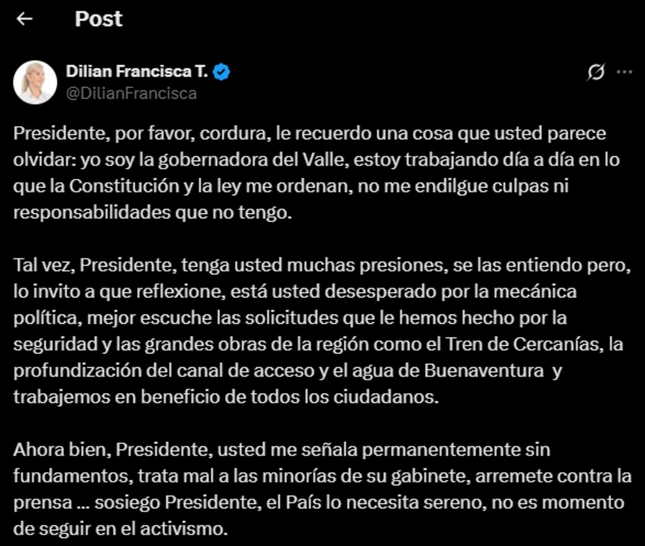 La gobernadora del Valle del Cauca, Dilian Francisca Toro, respondió con firmeza al presidente Gustavo Petro.